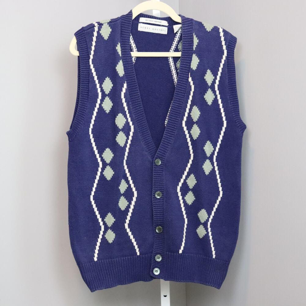 Vintage Henry Grethel Knit Sweater Vest Argyle Cardigan Style Men’s L